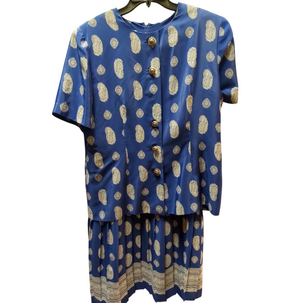 Leslie Fay vintage drop waist 18 dress Blue white Paisley summer garden Plus - Picture 2 of 7